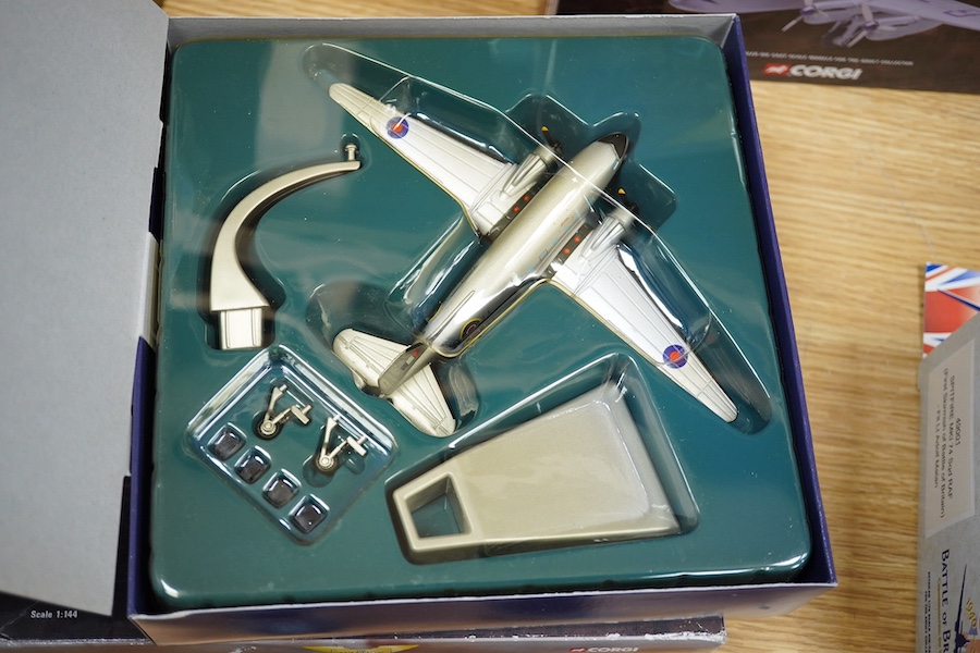 Eight boxed Corgi Aviation Archive model aircraft, mainly in 1:144 scale, including; a Supermarine Spitfire (49001), a Douglas Dakota (47111), two Avro Lancastrian (both 47402), an Avro Lancaster (47306), a Short Sunderl